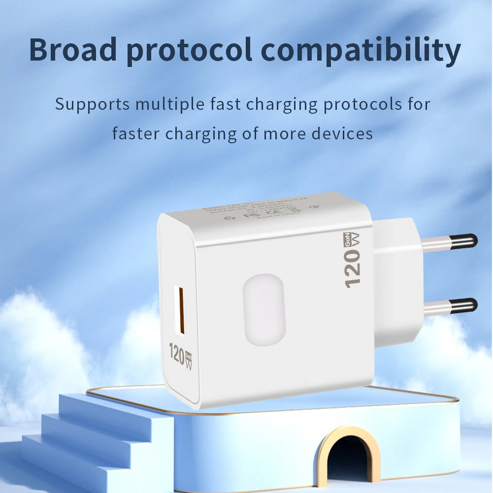 120W GaN USB Fast Charging Quick Charger 3.0 Type C Cable 10A Mobile Phone Charger For iPhone Huawei Samsung Xiaomi Wall Charger