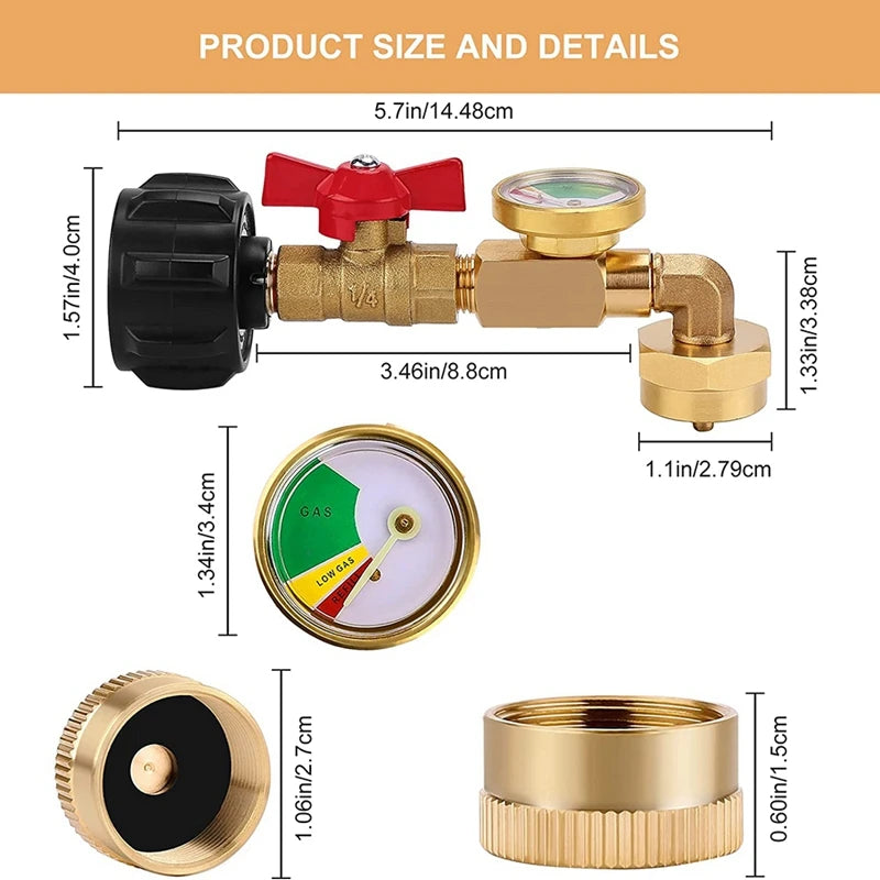 Propane Adapter 1Lb To 20Lb, QCC1 Propane Refill Elbow Adapter With Gauge And ON-Off Control Valve For 1LB Propane Tank