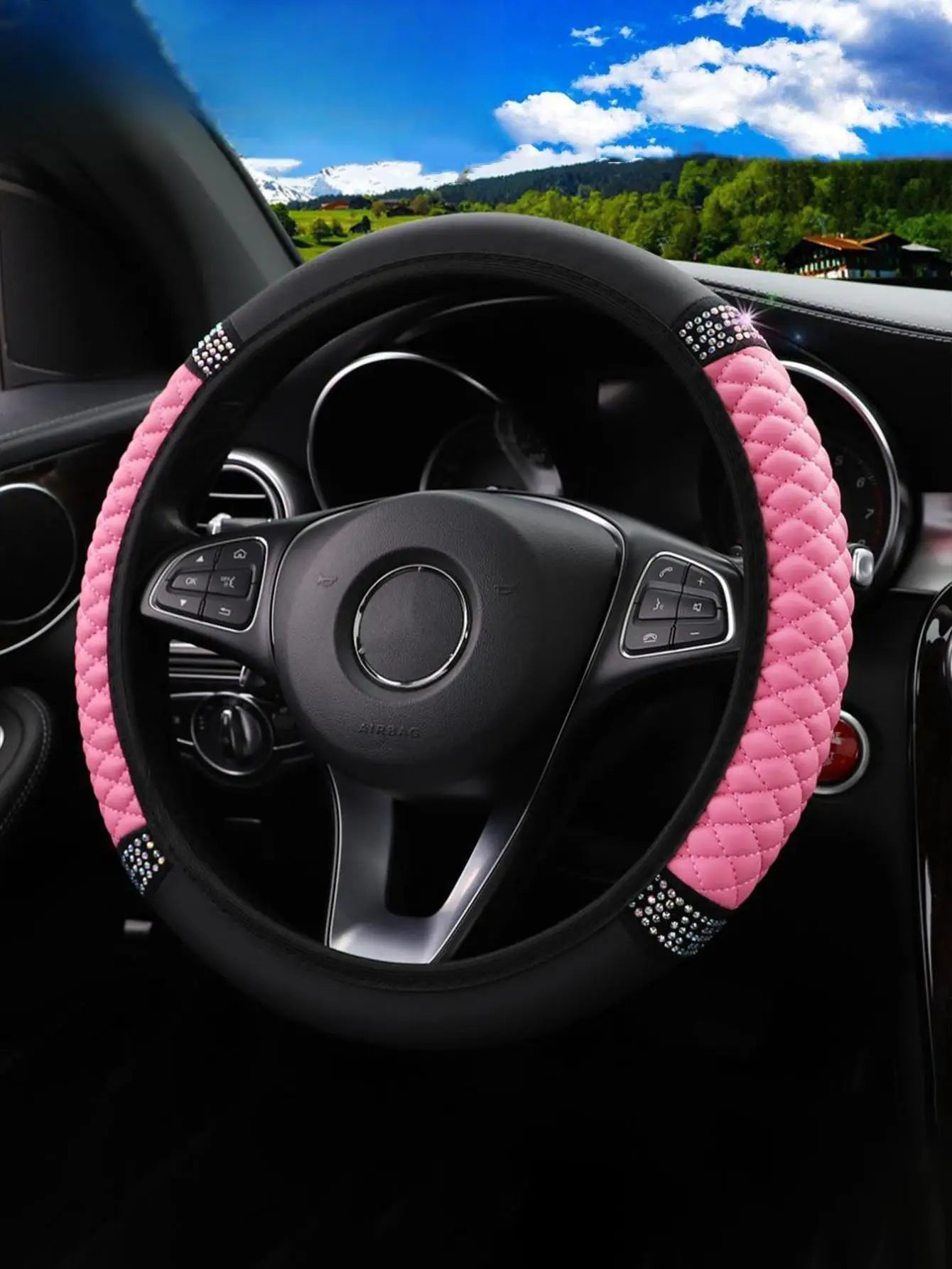 1pc Leather Embroidery Colorful Rhinestone Car Steering Wheel Cover, Fit For 14.5-15 Inch Steering Wheel, Auto Accessory