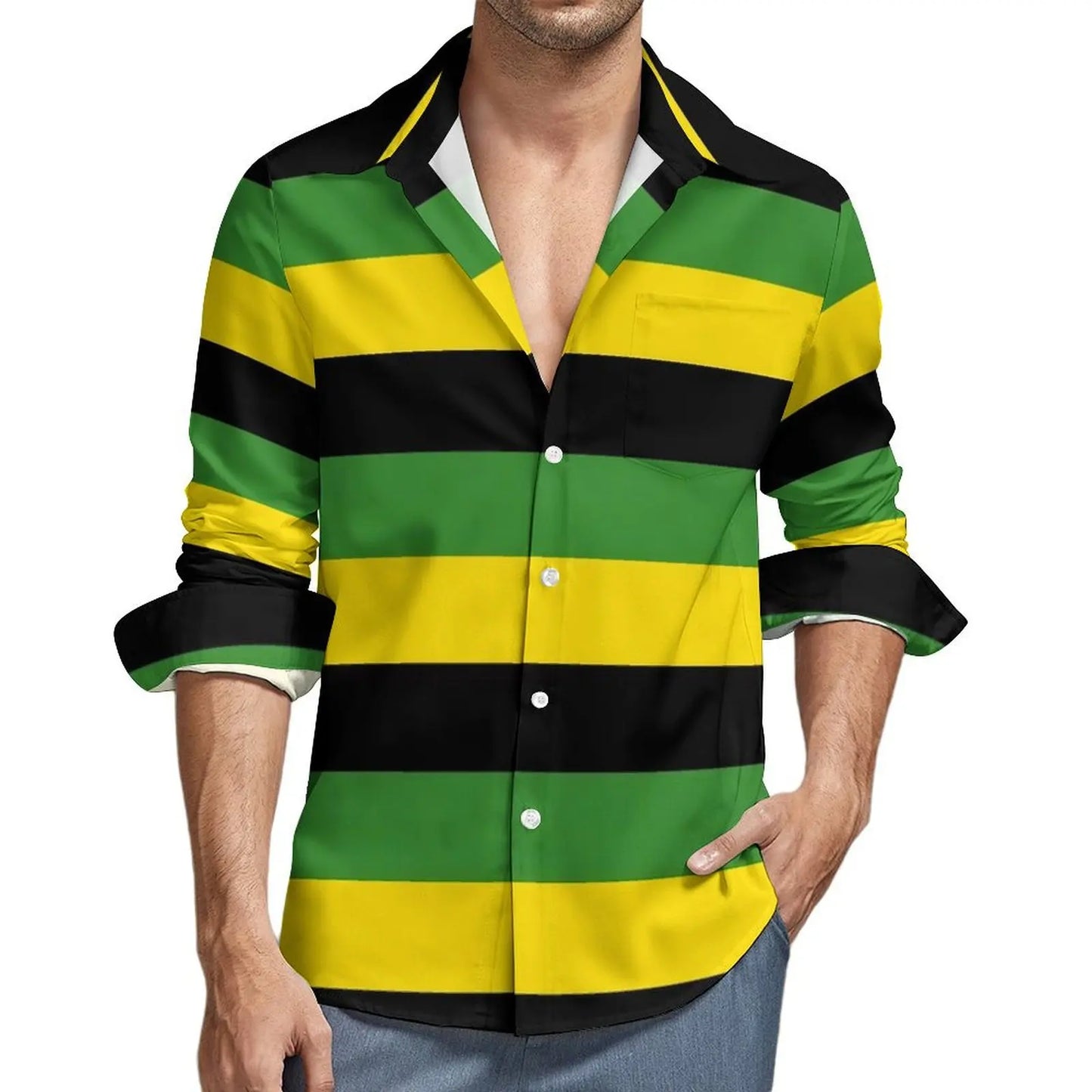 Jamaica Flag Stripes A-Line Dress Casual Shirt Man  Harajuku Shirt Spring Loose Blouse Long Sleeve Graphic Oversize Top