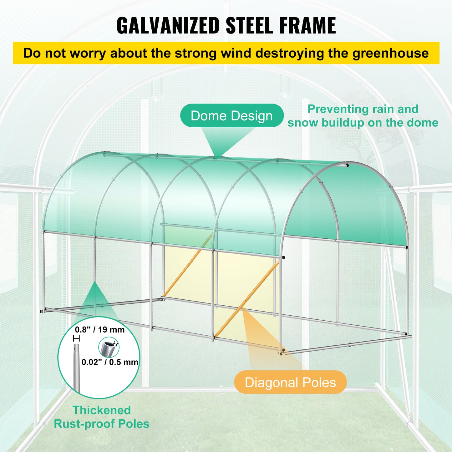 VEVOR Walk-in Tunnel Greenhouse, 15 X 7 X 7 Ft Portable Plant Hot House W Galvanized Steel Hoops, 1 Top Beam, Diagonal Poles, Zippered Door & 8 Roll-up Windows, Green