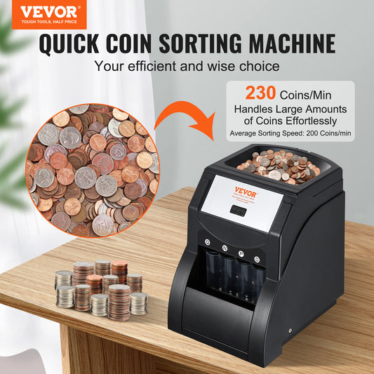 VEVOR USD Coin Sorter, Coin Sorter Machine For USD Coin Sorts Up To 230 Coins Min, Coin Sorter And Wrapper Machine Holds 200 Coins Included 4 Coin Tubes, Black