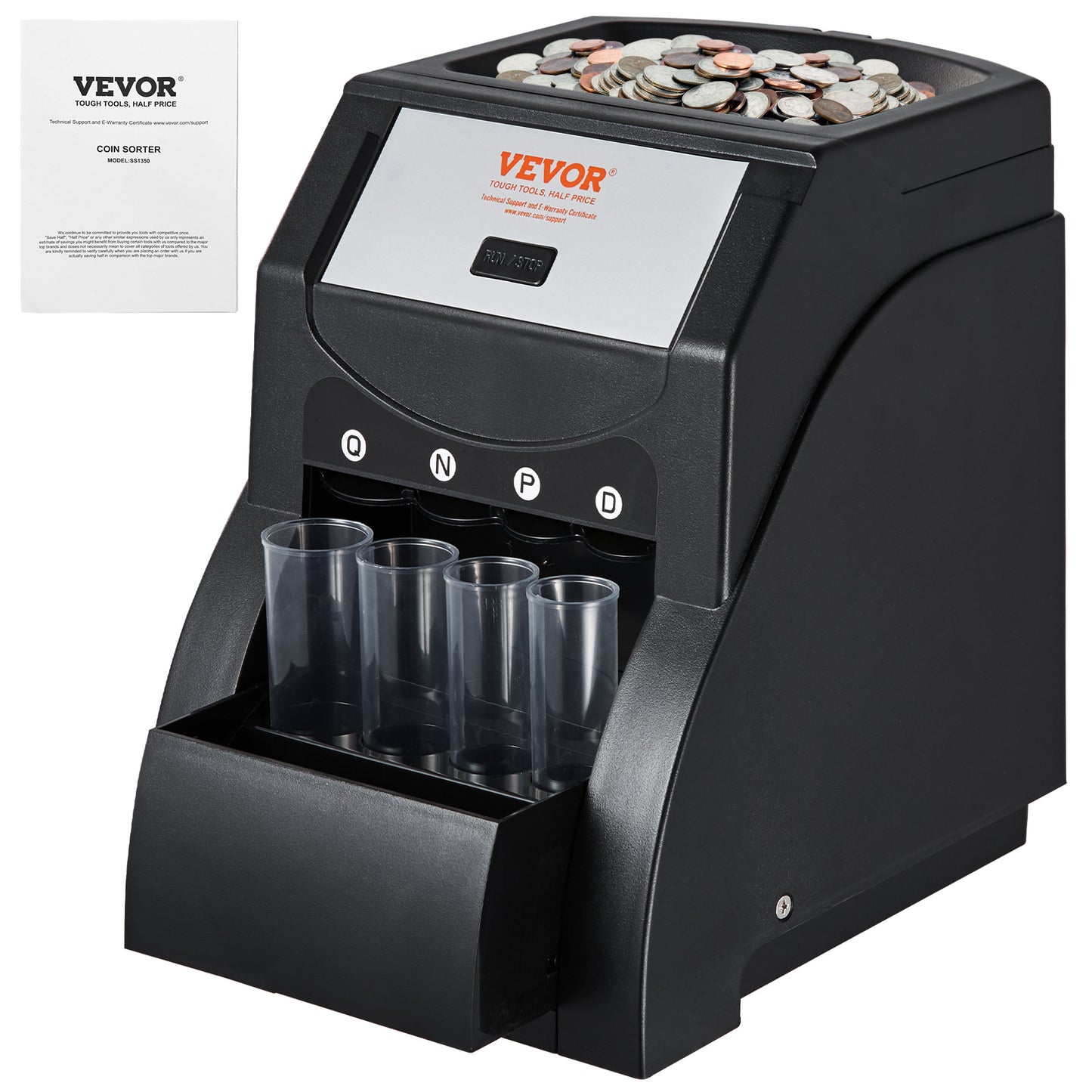 VEVOR USD Coin Sorter, Coin Sorter Machine For USD Coin Sorts Up To 230 Coins Min, Coin Sorter And Wrapper Machine Holds 200 Coins Included 4 Coin Tubes, Black