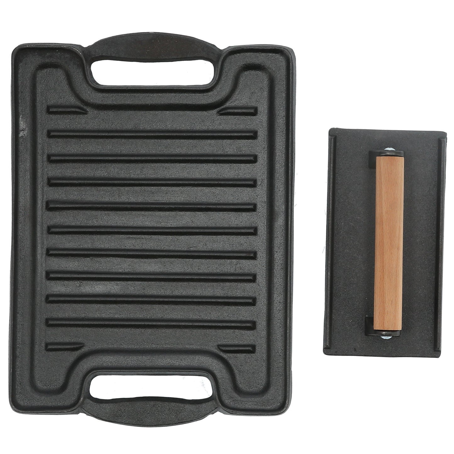 Cast Iron DoubleSided Grill Steak Griddle Plate with Rectangular Grill Press Barbecue Tool