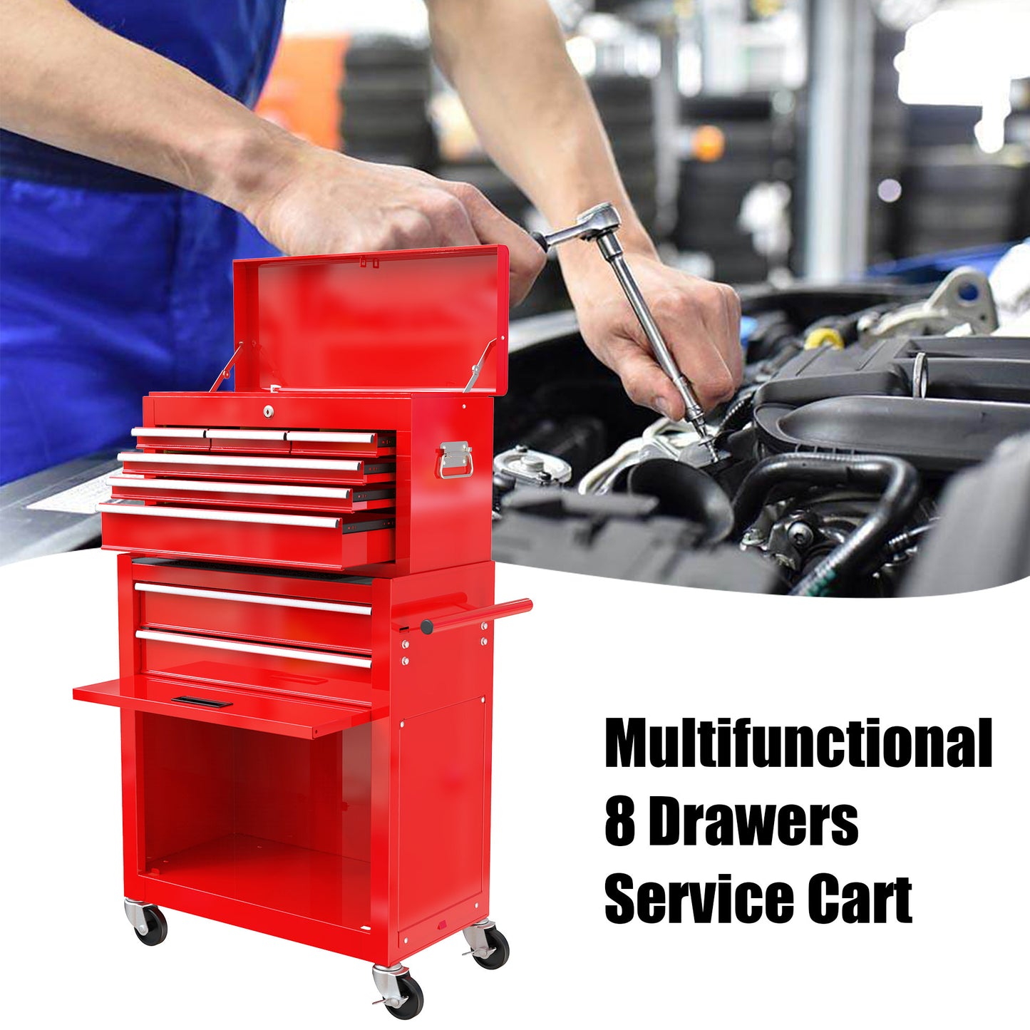 High Capacity Rolling Tool Box With Wheels And Drawers, 8 Drawer Tool Storage Cabinet