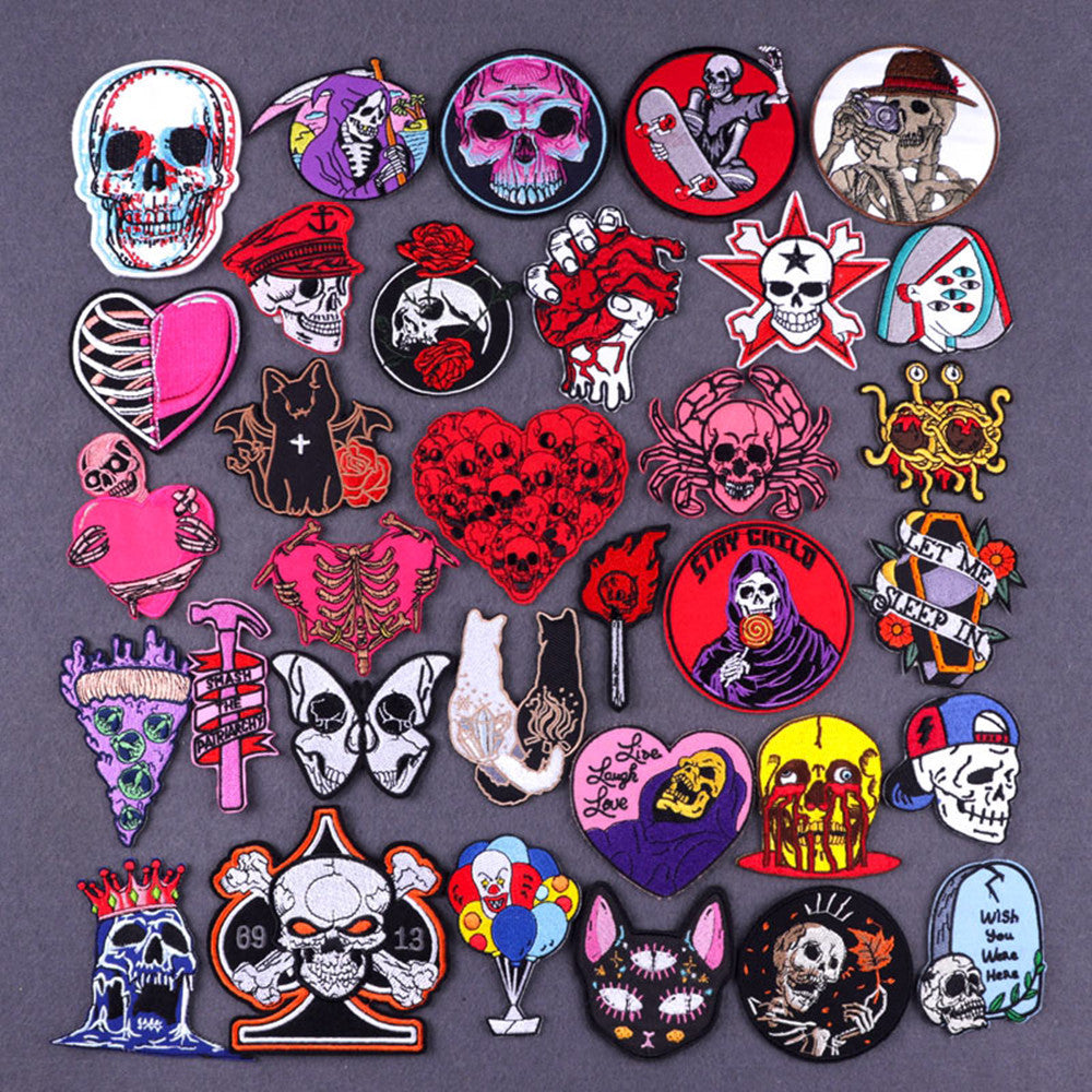 Red Heart Punk Skull Embroidered Patches