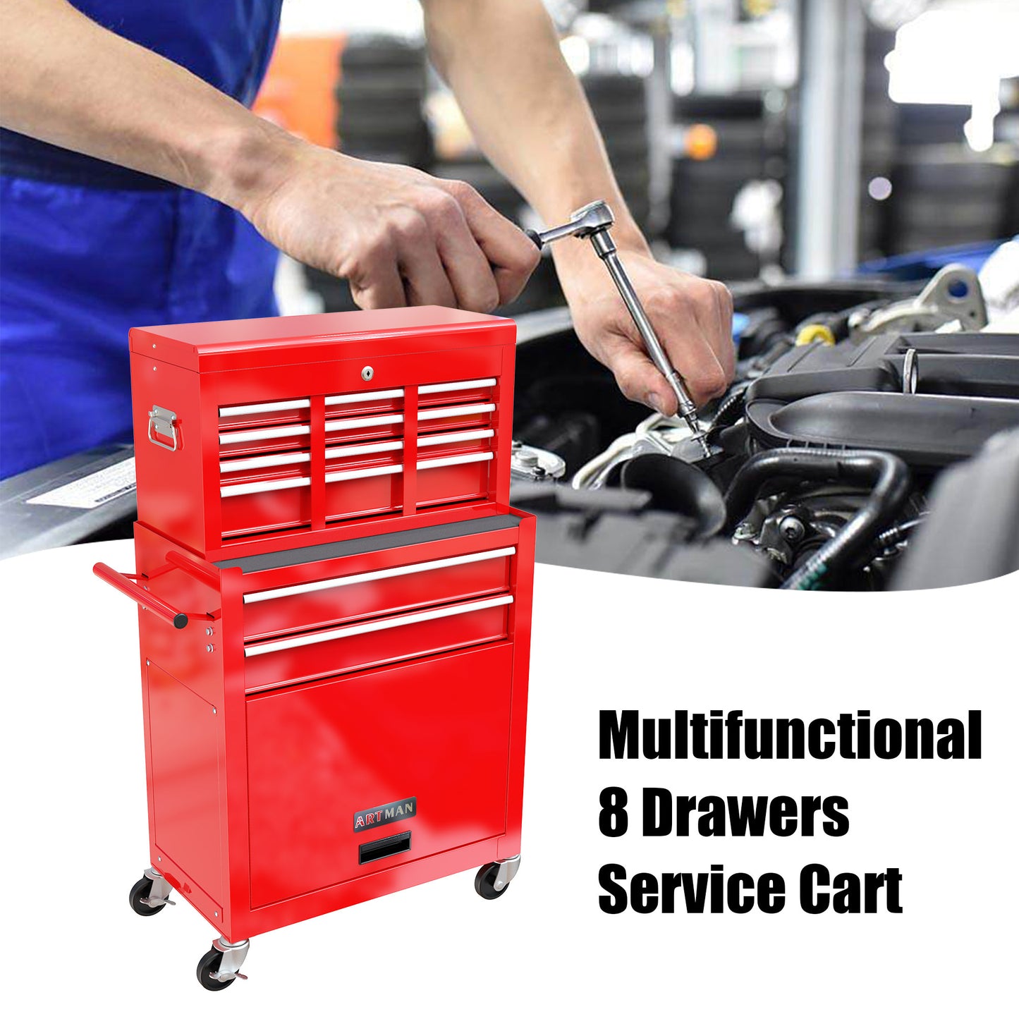 High Capacity Rolling Tool Box With Wheels And Drawers, 8 Drawer Tool Storage Cabinet